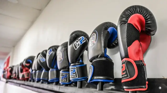 A row of Close Quarters CQ kickboxing gloves lined up along the gym wall
