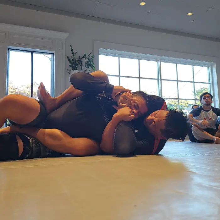 Overhead view of a jiujitsu class in session
