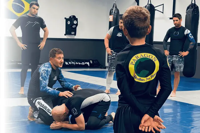 No-gi jiu-jitsu rolling and instruction on the mats at Paragon Simi Valley