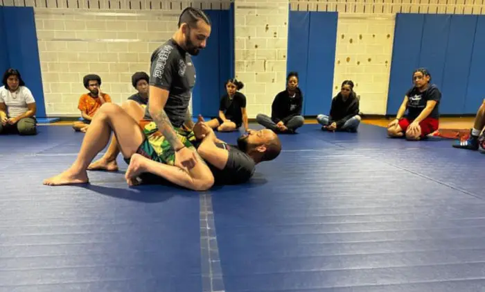 Wide view of a No-Gi Brazilian Jiu Jitsu class in session